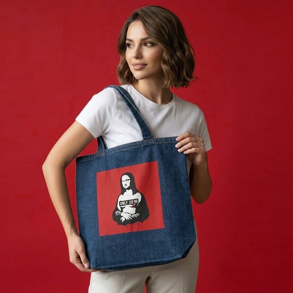 Organic denim tote bag "THE RED PILL"